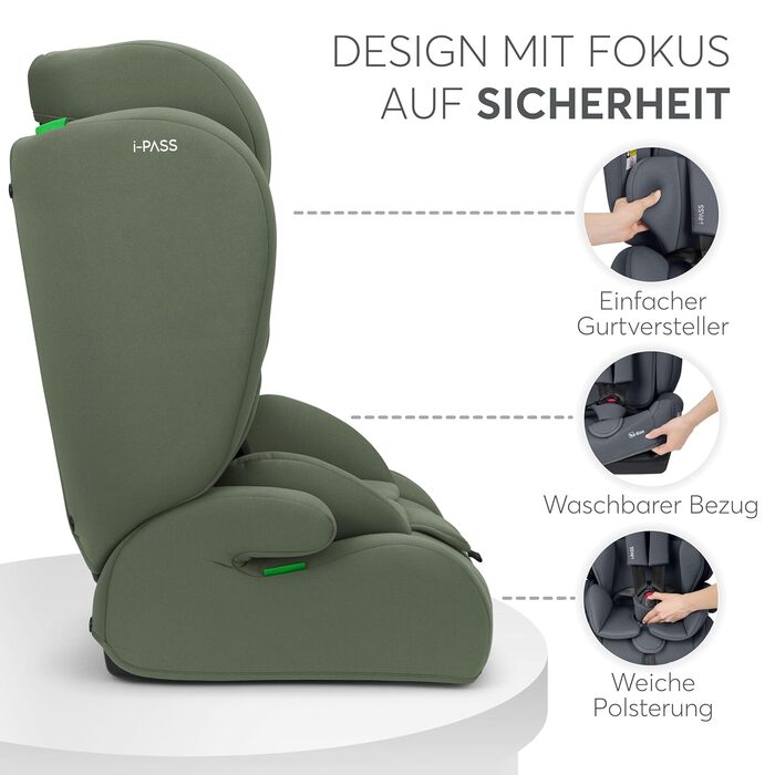Автокрісло KikkaBoo i-PASS 9-36 кг, i-Size, Армійський зелений, для дітей 1-12 років (76-150 см), з регульованим підголівником