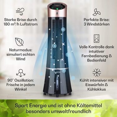 Мобільний охолоджувач повітря Klarstein Skyscraper Ice 5-в-1: водяне охолодження, зволожувач, вентилятор, очищувач, нічний режим, 6 л, 45 Вт, 180 м³/год, чорний