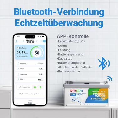 LiFePO4 акумулятор Redodo 12V 100Ah для підсидіння з Bluetooth та Smart BMS 100A, DIN H8/L5 (H190)