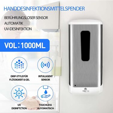 Автоматичний дозатор мила Jewaytec 1000 мл, сенсорний, настінний, безконтактний, з нержавіючої сталі, для дезінфекції, для готелів, офісів, дому, ресторанів, сріблястий