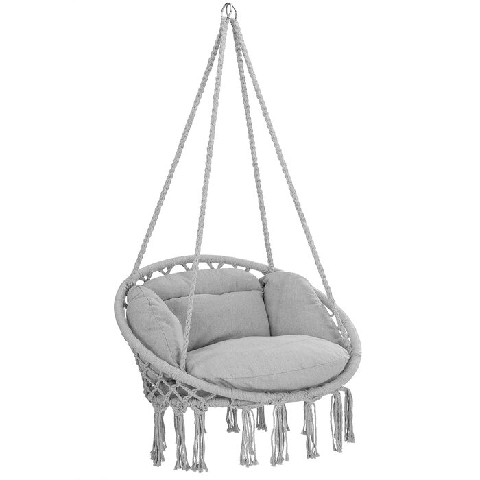 DETEX® Гамак-крісло підвісне до 150 кг, Boho стиль, стійке до погодних умов, сертифікат GS, для саду, 360° обертання, для дому та вулиці, з зручною подушкою (Світло-сірий)
