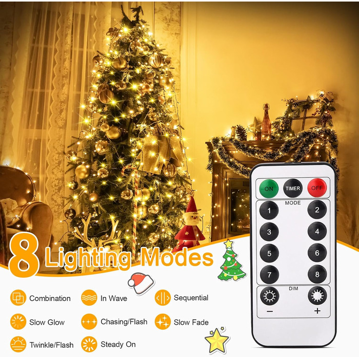 Світлодіодна гірлянда-кільце Auriostar для ялинки 2.5м, 300 LED, 12 гілок, теплий білий колір, 8 режимів та таймер, для ялинки 150-250 см, внутрішнє та зовнішнє освітлення