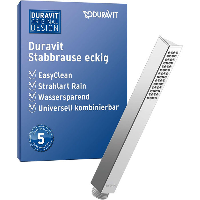 Duravit водозберігаюча ручна душова лійка, квадратна, хром, з режимом Rain, функція MinusFlow, легке очищення