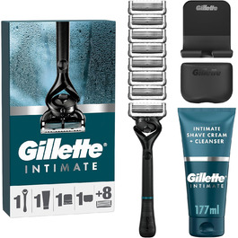 Gillette Intimate набір для гоління чоловіків: бритва, 8 лез, 2-в-1 крем для гоління і душу 177 мл, тримач, дорожній футляр, подарунковий комплект