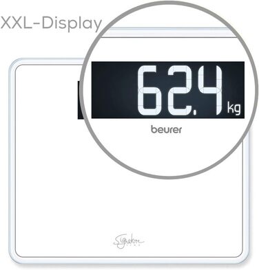 Ваги для людей Beurer GS 410 Signature Line, білі, скляні, з великою платформою 35x30 см, максимальна вага 200 кг, чорний XXL-дисплей, супербіле безпечне скло