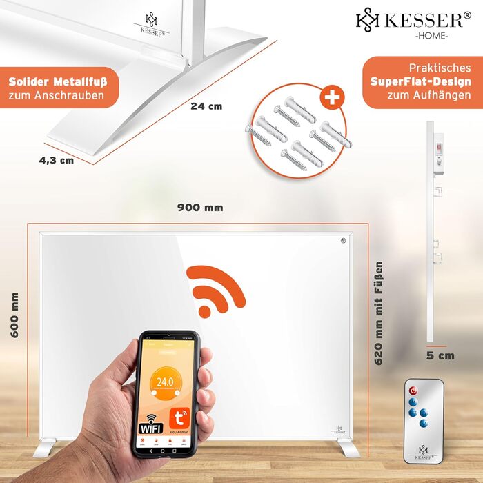 Інфрачервоний обігрівач KESSER 550Вт: електрична панель з дистанційним керуванням, термостатом та App-керуванням (настінний/підлоговий), білий