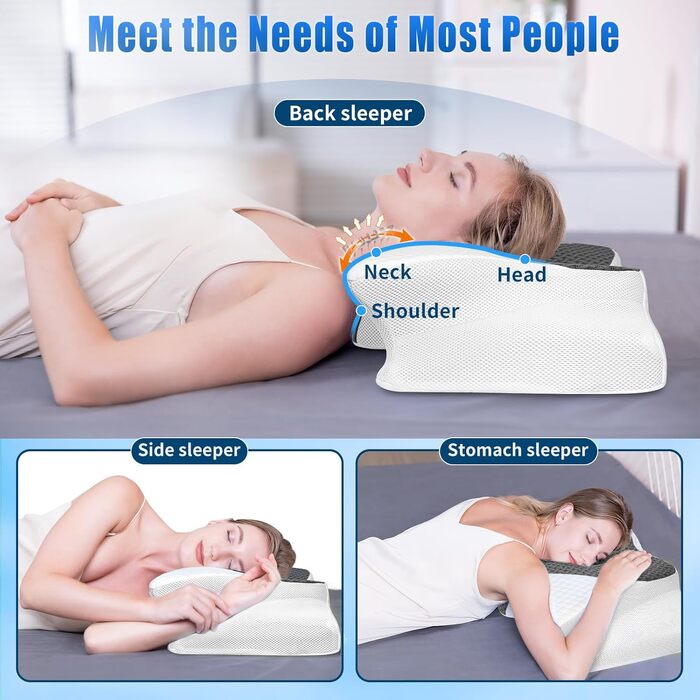Подушка ортопедична SAHEYER з піни Memory Foam для шиї та голови, 60x35.5x10/13 см, сіра. Для зручного сну на боці.