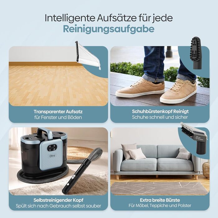 Olvy Teppichreiniger PRO: професійний пароочисник для килимів та м'яких меблів, 1650W. Включає миючий засіб. Підходить для чищення диванів, матраців та оббивки.