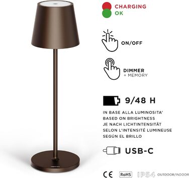 Стільова класична LED акумуляторна настільна лампа Stilosa 3, диммована, IP54, для дому та вулиці, зарядка USB-C, тепле світло, бронзова, кругла основа, 38 см, дизайнерська