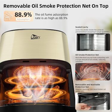 Електрична аерофритюрниця Uten Dual Blaze 2000 Вт, 5,5 л, 14 програм, без олії, із віконцем, золота, квадратна