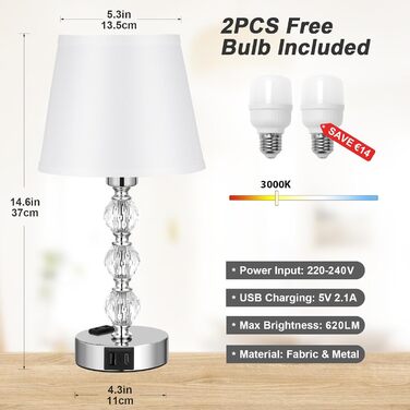 Настільна лампа Kakanuo з димером, 2 шт, кришталева, USB-A+C, LED, сучасна, білий текстильний абажур, для спальні, вітальні, офісу, готелю, 37 см