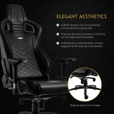 Ігрове крісло noblechairs Epic чорне, ергономічне, з підголівником і поперековою підтримкою, PU-шкіра, для користувачів до 120 кг і 185 см