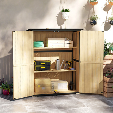 Outsunny Garden Шафа, Дерев'яний сарай для інструментів, Атмосферостійка садова шафа з 2 дверима, Полиці, Інструментальний будиночок з асфальтовим дахом, Інструментальна шафа для саду, Тераса, 140 x 74 x 173 см, Натуральне дерево