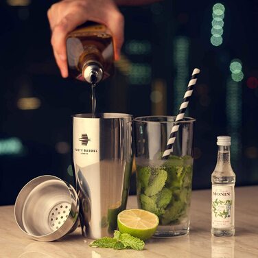 Набір для коктейлів Rusty Barrel Manhattan: шейкер з нержавіючої сталі, дерев'яний мадлер, барне сито, мірний стакан, дозатор, ложка, рецептник, подарункова коробка (сріблястий, синя коробка)