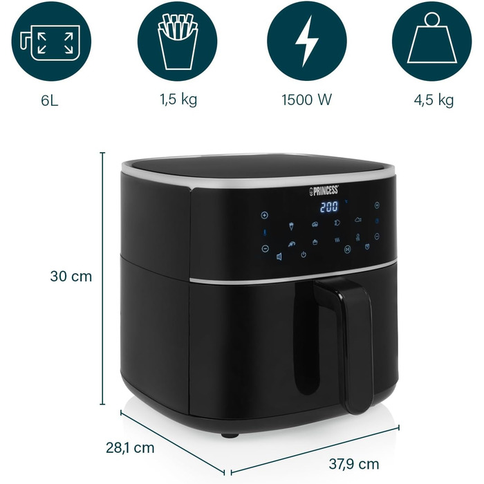 Фритюрниця Princess Digitale 6 л, 1500 Вт, 8 програм, цифровий LED-дисплей, аерофритюрниця без олії, чорна