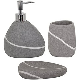Набір аксесуарів для ванної MSV Stone Zen, 3 предмети, полірезин, сірий – дозатор для мила, мильниця, стакан для зубних щіток