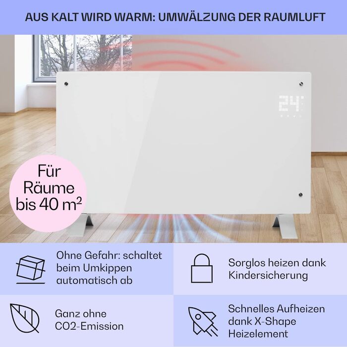 Електрообігрівач Klarstein Bornholm Curved Smart 2000 Вт, конвекторний, настінний або підлоговий, економний, керування через додаток, білий, з термостатом, безшумний