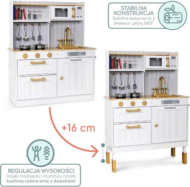 Дерев'яна дитяча кухня Mamabrum з LED-підсвічуванням - іграшковий кухонний набір з висотою, що регулюється, з приготуванням кубиків льоду, мікрохвильовою піччю, плитою та посудомийною машиною - іграшка для дітей від 3 років (Білий)