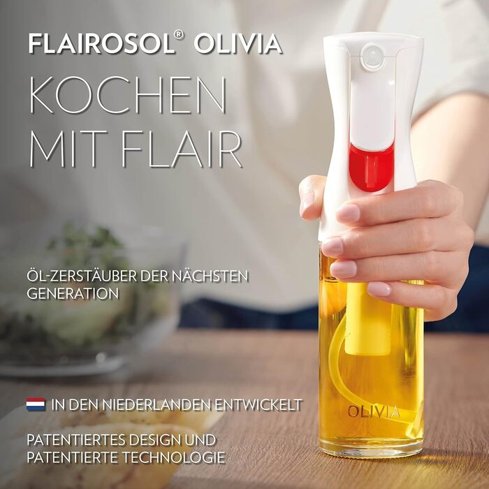 Скляний розпилювач для олії FLAIROSOL OLIVIA 130мл з контролем порцій, золотисті листя — універсальний спрей для готування, салатів, гриля та випічки