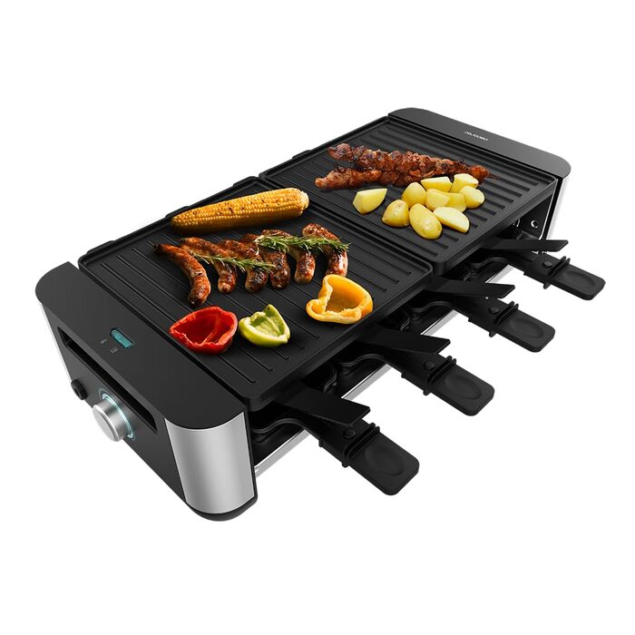 Раклетниця-гриль Cecotec Raclette Cheese&Grill 16000 Inox Black на 8 осіб, 1400 Вт, антипригарне покриття, з 8 сковорідками та лопатками