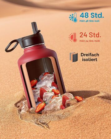 Термофляга Coolflask 2л зі сталі з трубою та 3 кришками, ізольована пляшка для води для спорту та офісу, герметична, червона