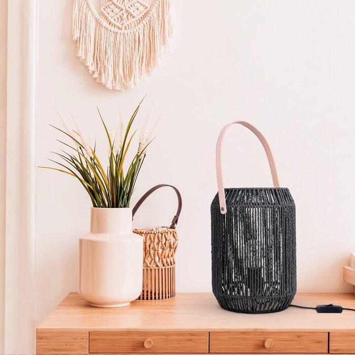 Настільна лампа Paco Home Boho чорна, для спальні та робочого столу, E27, плетений абажур, декор