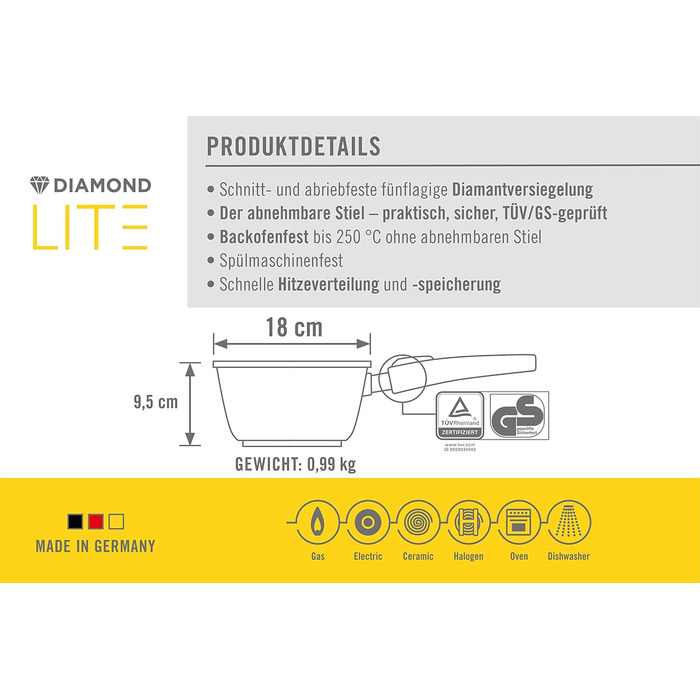 Каструля Woll Diamond Lite з антипригарним покриттям, Ø 18 см, 2 л, алюмінієвий литий сотейник знімна ручка, для газових, електричних, галогенових і склокерамічних плит, не для індукції, антрацит