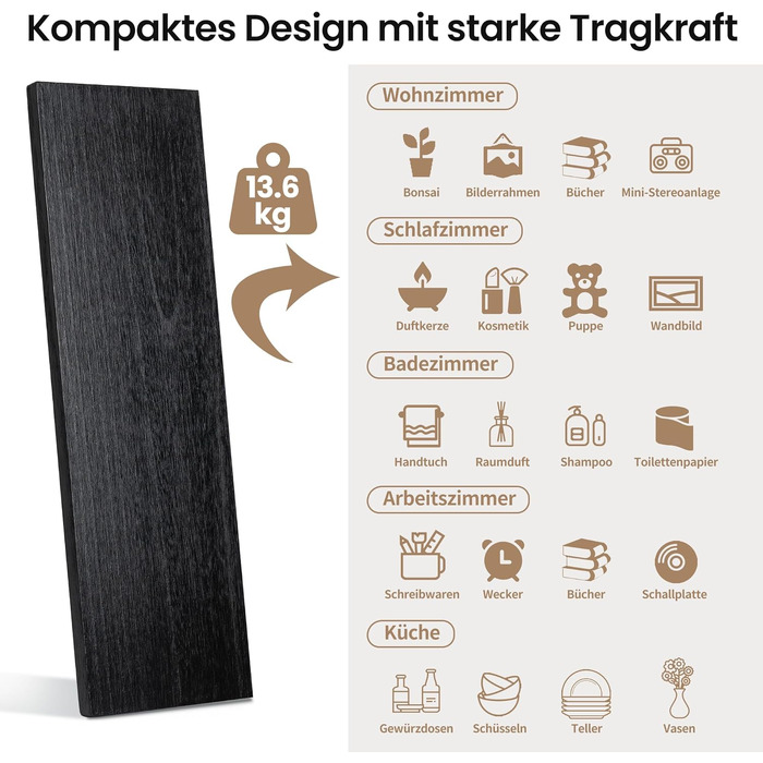 Набір настінних полиць Gronda Holz 3 шт. чорного кольору 60 см (40x12x1.5 см) - полиці без свердління для кухні, ванної, вітальні, книжкові полиці в стилі вінтаж