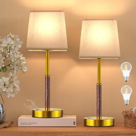 Guijiyi Настільна лампа з димером, сенсорна, 2 шт., бездротова, з 2 LED-лампами, лляний абажур, портативна, USB-зарядка, для декору спальні, вітальні, тумбочки, дитячої кімнати