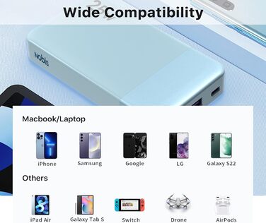 Power Bank NOBIS 10000mAh з цифровим дисплеєм, USB-C, швидка зарядка PD/QC, 25W, блакитний