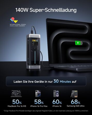 Power Bank CUKTECH 20: 25000mAh, 140W, PD3.1, 3 порти, Digital Display, USB-C для MacBook, Xiaomi, Galaxy, iPhone
