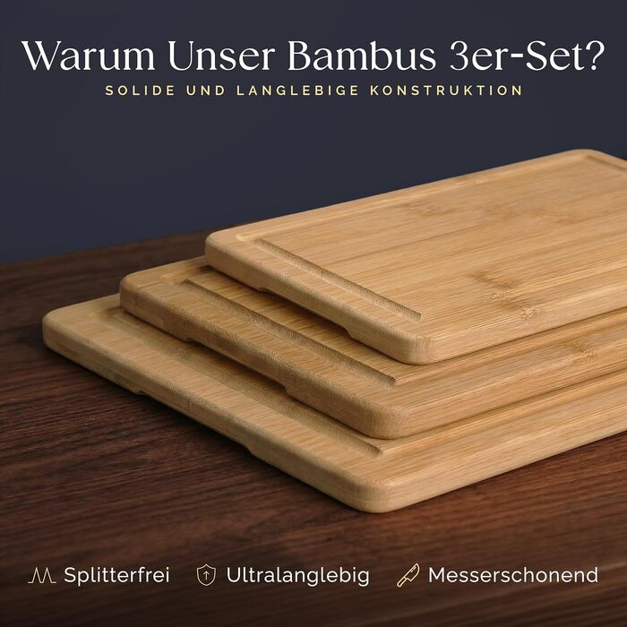 Набір дощок для нарізання Deer & Oak з бамбука XXL та велика (43x30 & 38x25 см) – 2 дерев'яні дошки для м'яса та овочів + ніж (3 предмети)
