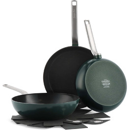 GreenPan Evolution набір сковорідок і вок, 3 предмети, анодований алюміній, керамічне антипригарне покриття без PFAS, для індукції, посудомийної машини та духовки, зелений