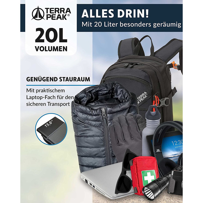 Туристичний рюкзак Terra Peak Flex 20L, чорний, з вентиляцією спини, питною системою та дощовиком, поліестер 3D Air Mesh, для походів та міста