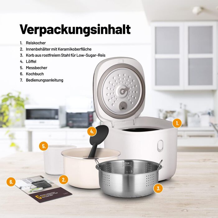 Рисівка Lauben Low Sugar 3л з антипригарним покриттям, 6 режимів, відкладений старт, підтримання тепла, захист від переливу - біла