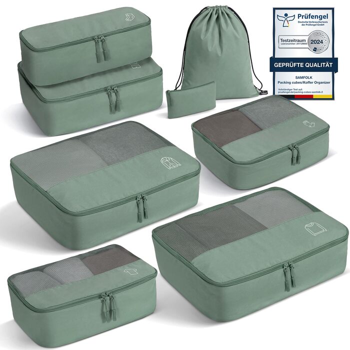 Набір органайзерів для валізи та рюкзака Packing Cubes, 8 предметів, сіро-зелений — дорожній набір для пакування речей