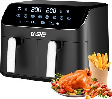 Двоциліндрична аерофритюрниця YASHE 9 л XL з цифровим керуванням, подвійна фритюрниця з сенсорним дисплеєм, 8-в-1, здорове приготування без олії та жиру