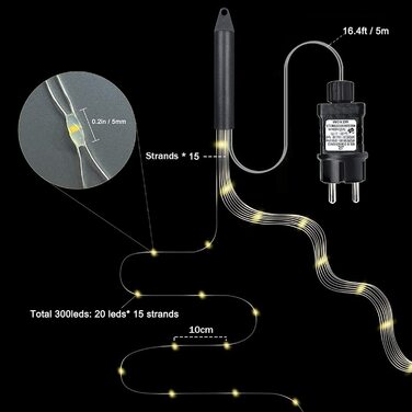 Світлодіодна водоспадна гірлянда Gresonic 300 LED, тепле біле світло, водонепроникна, для вулиці та дому, для лійки, дитячої кімнати, кемпінгу, балкона, декор для інтер'єру та екстер'єру