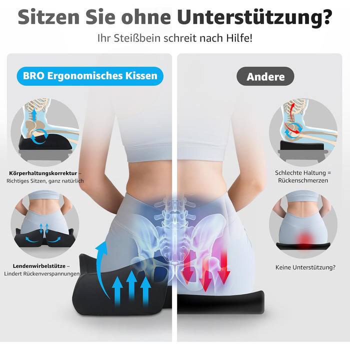 Ортопедична подушка для сидіння BRO Extra з охолоджуючим Ice Silk чохлом, піна Memory Foam, для офісного крісла, авто та інвалідного візка. Зняття навантаження з куприка.