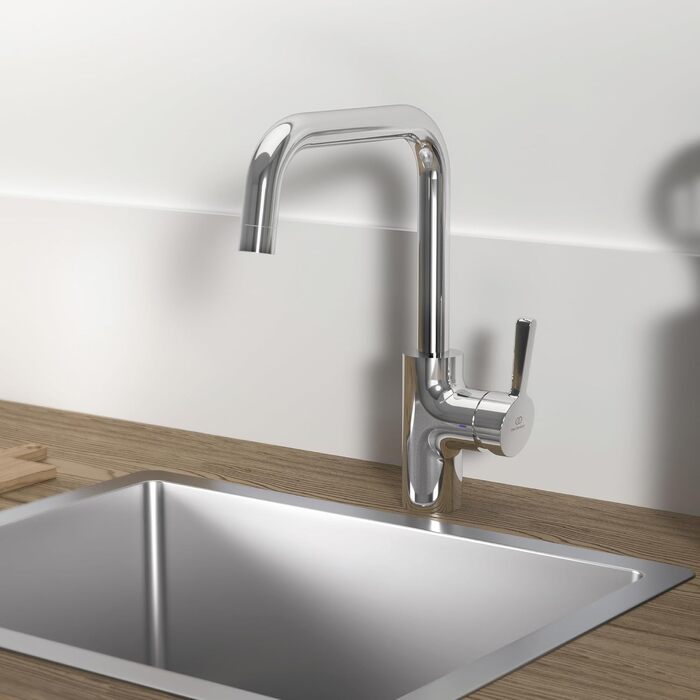 Змішувач кухонний Ideal Standard Alero з висувним душем, поворотний вилив 360°, економія води 12 л/хв, хром (U-подібний вилив)