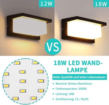 Стіна LED-світильник BENMA 18W, водонепроникний IP65, тепле біле світло 3000K, прямокутний алюминієвий світильник для вулиці, саду, ванної кімнати та гаража, 260x125x125мм