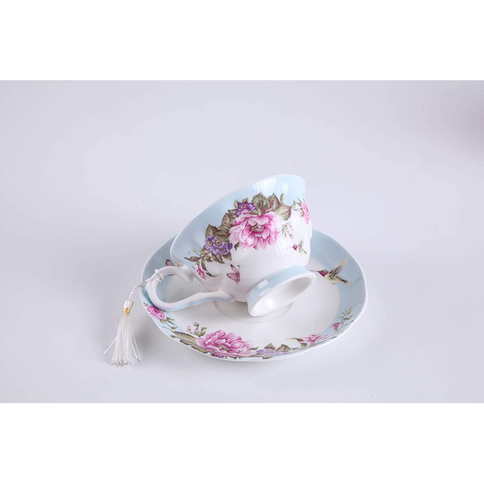 Чашка та блюдце з порцеляни Shabby Chic 19,1 см, десертна тарілка, синя, з пташкою, метеликом і квітами у подарунковій коробці, вінтажний стиль