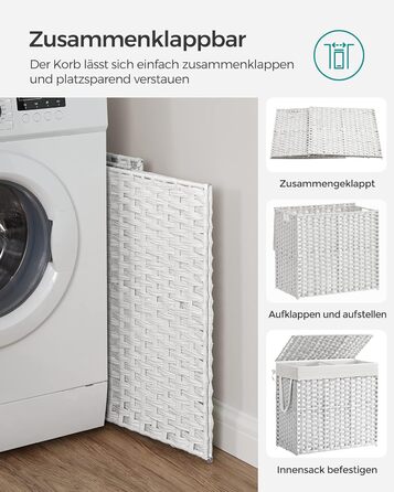 Кошик для білизни SONGMICS з кришкою, 130 л, 2 відділення, знімний мішок, ручки, ручне плетіння, для спальні та ванної, 33x66x60 см, білий