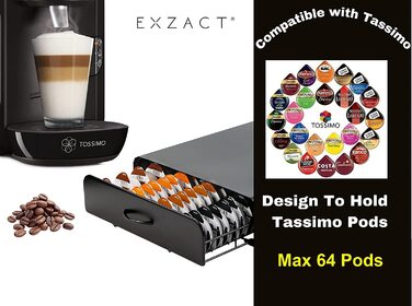 Шухляда для капсул Exzact, сумісна з Tassimo, на 64 кавові капсули – органайзер/тримач для кавових капсул та підставка під кавоварку 2-в-1