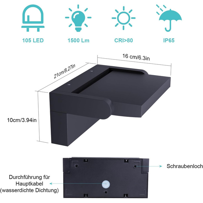 Стіна LED-світильник Klighten 24W антрацит, тепле біле світло 3000K, водонепроникний IP65, поворотний, алюміній, 1500 Лм для вулиці та приміщень