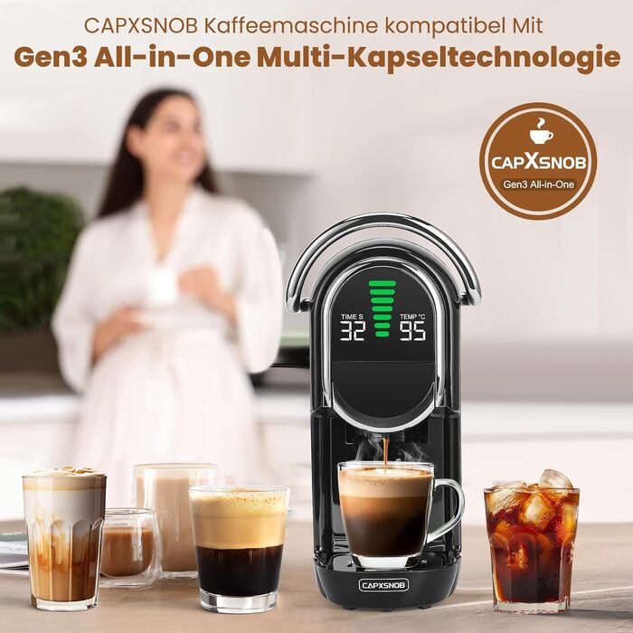 Кавомашина Magician1 Mini Kapselmaschine 5in1 для капсул Nespresso, Dolce Gusto, Lavazza A Modo Mio, ESE 44 та кавової гущі | 20 бар, 1450 Вт, LED-дисплей, 7 рівнів води | для дому та офісу (Чорний)