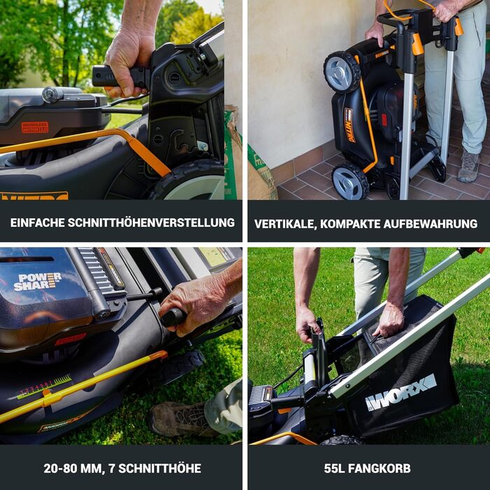 Акумуляторний газонокосарка WORX WG749E 40V PowerShare з приводним колесом, безщітковий двигун, ширина зрізу 46 см, 7 положень висоти зрізу, чорний колір, акумулятор та зарядний пристрій в комплекті