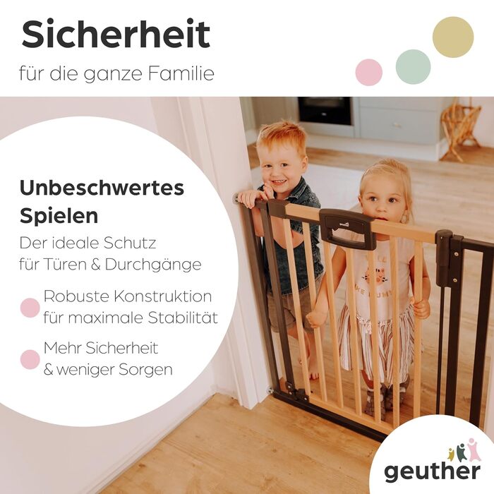 Захисний бар'єр на двері Geuther Easylock Plus для сходів 80,5-88,5 см. Дерев'яно-металевий бар'єр для дітей без свердління, двосторонній, колір: натуральний/антрацит