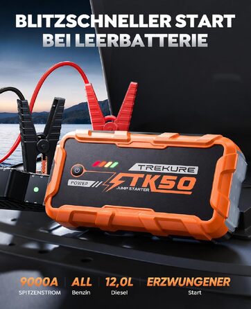 Бустер для автомобіля Starthilfe Powerbank 9000A 26800mAh — Пусковий пристрій для бензинових та дизельних двигунів (до 12.0L), 12V з ліхтарем 800 Лм та USB-портами, помаранчевий