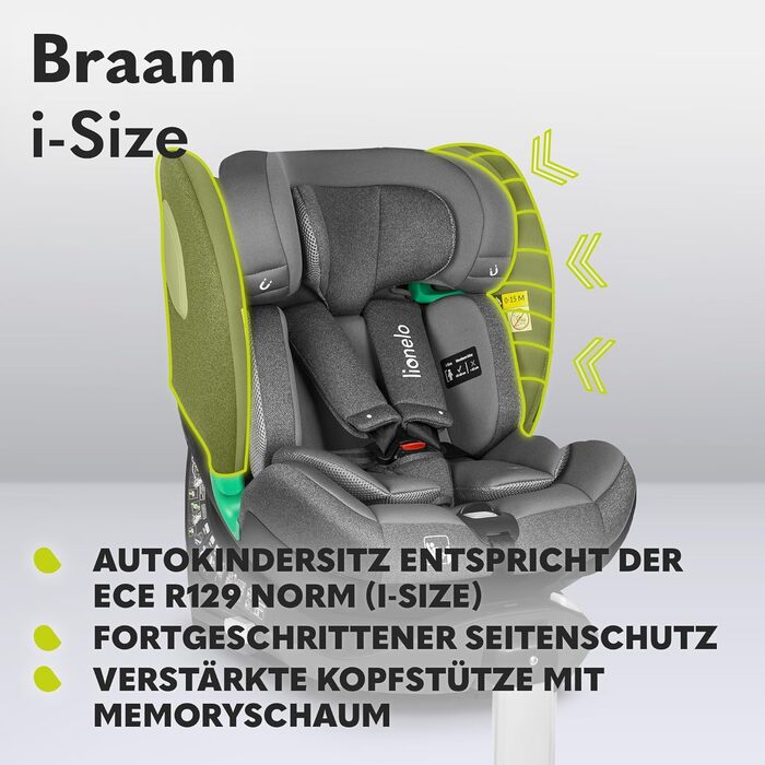 Дитяче автокрісло LIONELO BRAAM i-Size 0-36 кг, 360° обертання, ISOFIX, опора, регульовані підголівник і спинка, сіра вставка
